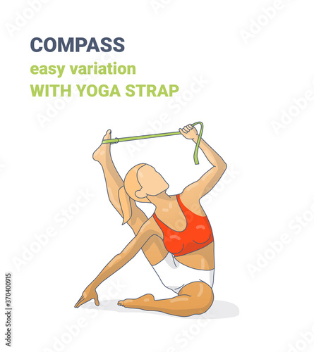 Compass or Surya Yantrasana Easy Variation with Yoga Strap Female Colorful Illustration photo