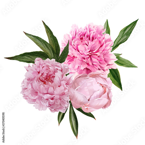 Lush pink peonies bouquet with leaves, hand drawn
