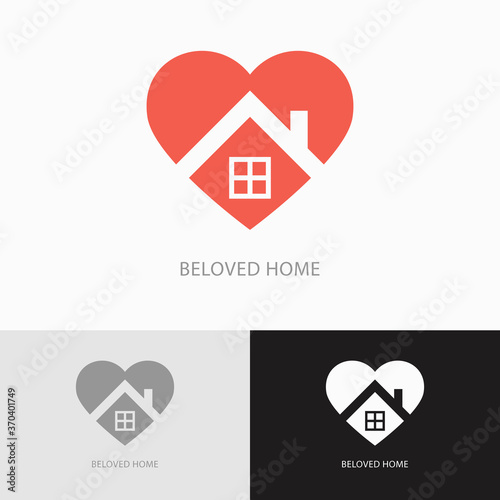 House in red heart shape designed as an abstract logo icon template for real estate business or rental company. Love, care and comfort at sweet home - vector sign on black, gray, white backgrounds V2