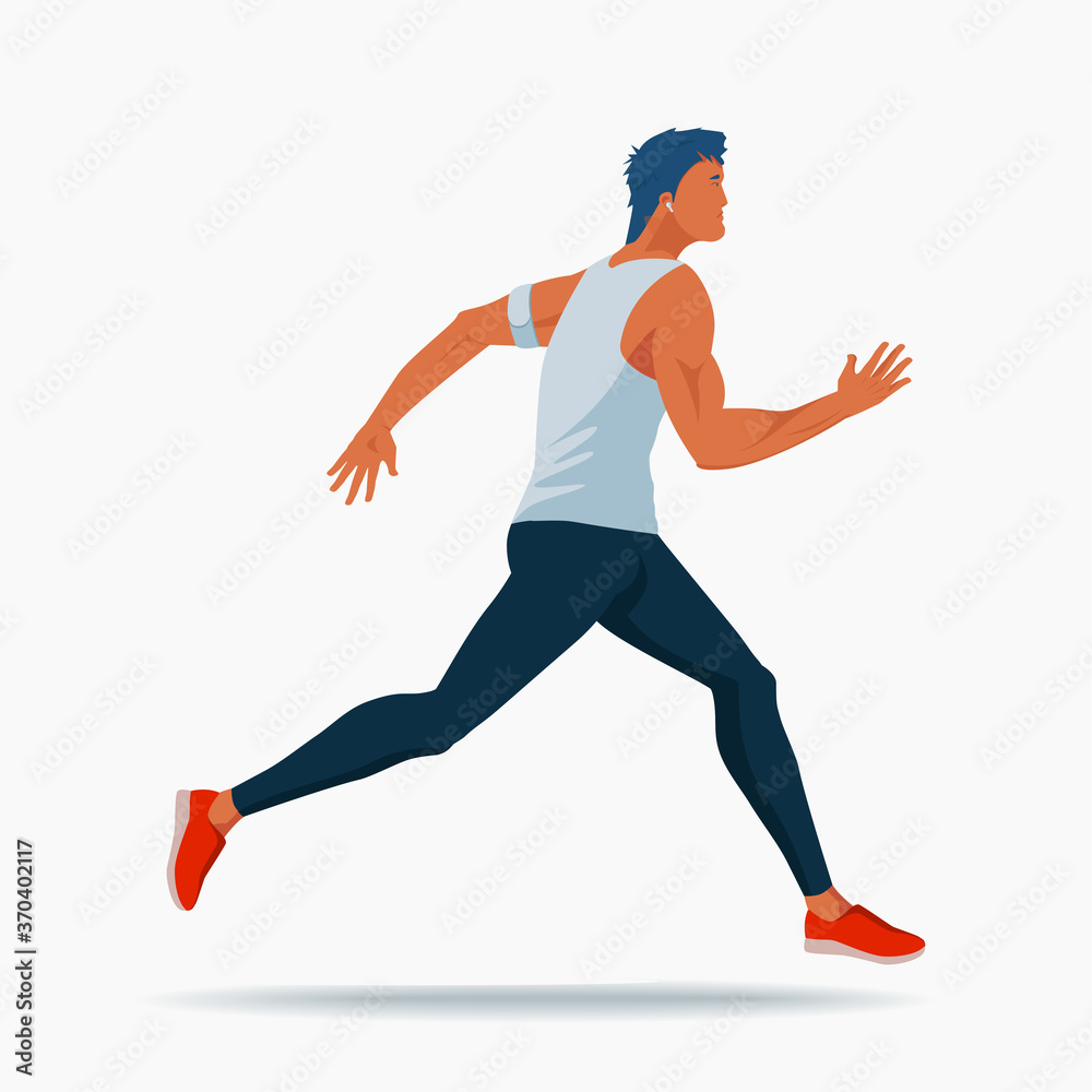 A strong-built man in sportswear with a heart rate monitor on his hand is jogging. Vector flat design illustration. A strong-built man in sportswear with a heart rate monitor on his hand is jogging. Vector flat design illustration.