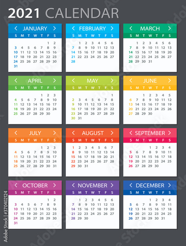 2021 Calendar - illustration. Template. Mock up Week starts Sunday