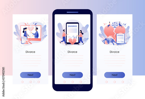 Divorce concept. Tiny people relationship breakup. Broken heart. Sign agreement divorce papers. Property divison. Screen template for mobile smart phone. Modern flat cartoon style. Vector illustration