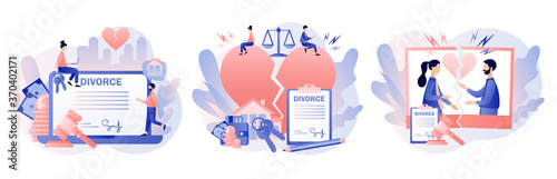 Divorce concept. Tiny people relationship breakup. Broken heart. Husband and wife sign agreement divorce papers and property divison. Modern flat cartoon style. Vector illustration on white background