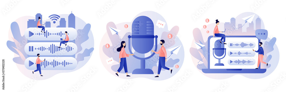 Voice messages concept. Tiny people use microphone to record message. Chat app. Modern flat cartoon style. Vector illustration on white background Voice messages concept. Tiny people use microphone to record message. Chat app. Modern flat cartoon style. Vector illustration on white background