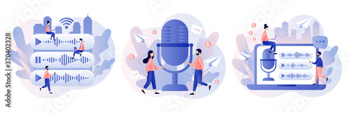 Voice messages concept. Tiny people use  microphone to record message. Chat app. Modern flat cartoon style. Vector illustration on white background