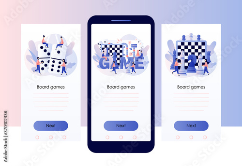 Board games. Tiny people playing and winning chess, domino, game cards and dice. Leisure time activity. Screen template for mobile smart phone. Modern flat cartoon style. Vector illustration