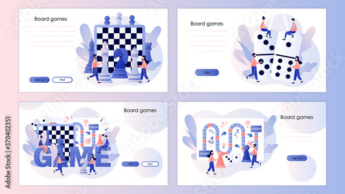 Board games. Tiny people playing and winning chess, domino, game cards and dice. Screen template for mobile smart phone, landing page, template, ui, web, mobile app, poster, banner, flyer. Vector 