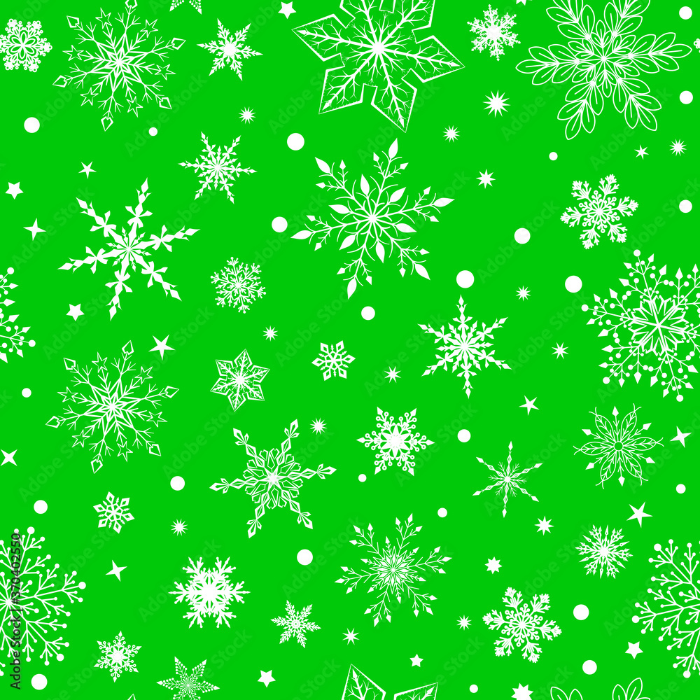 Christmas seamless pattern with various complex big and small snowflakes, white on green background Christmas seamless pattern with various complex big and small snowflakes, white on green background