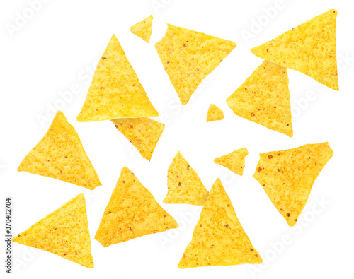 Triangular chips on a white background are flying. Isolated