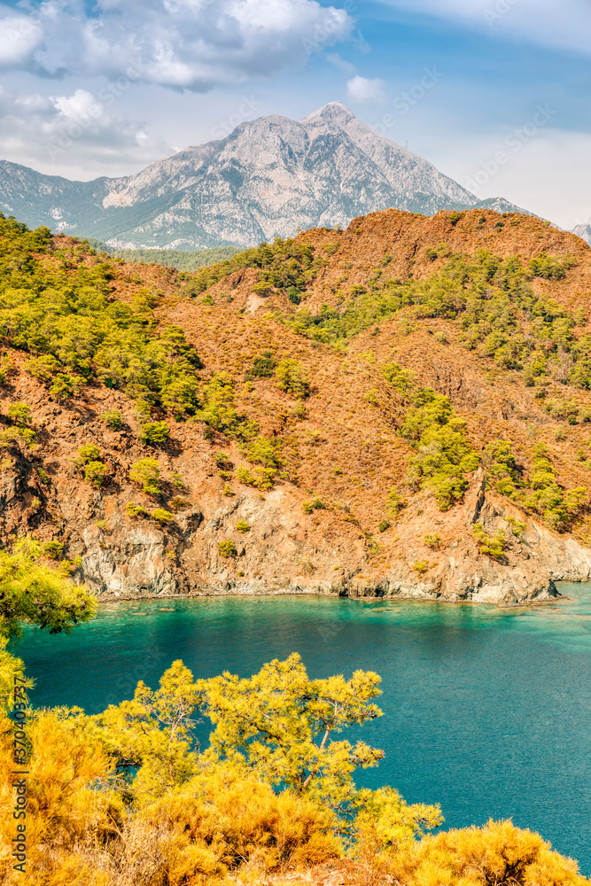 View over Turquoise Coast of Mediterranean Sea to Taurus Mountains