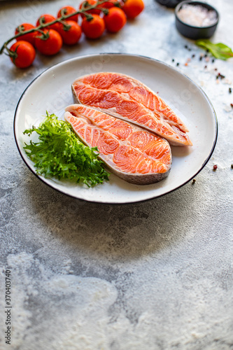 salmon raw fillet steak natural product ingredient organic eating healthy. top view place for text copy space keto or paleo diet raw second course pescetarian