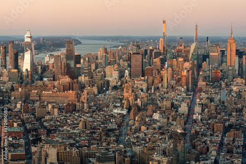 Fototapeta Naklejka Na Ścianę i Meble -  Golden Light Aerial View Of Manhattan Skyline