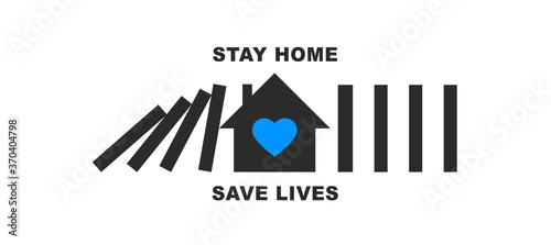 Stay Home Save Lives text with domino effect and house with heart inside vector logo designed as coronavirus quarantine typography and social distance design concept. Stop COVID 19 pandemic chain V1