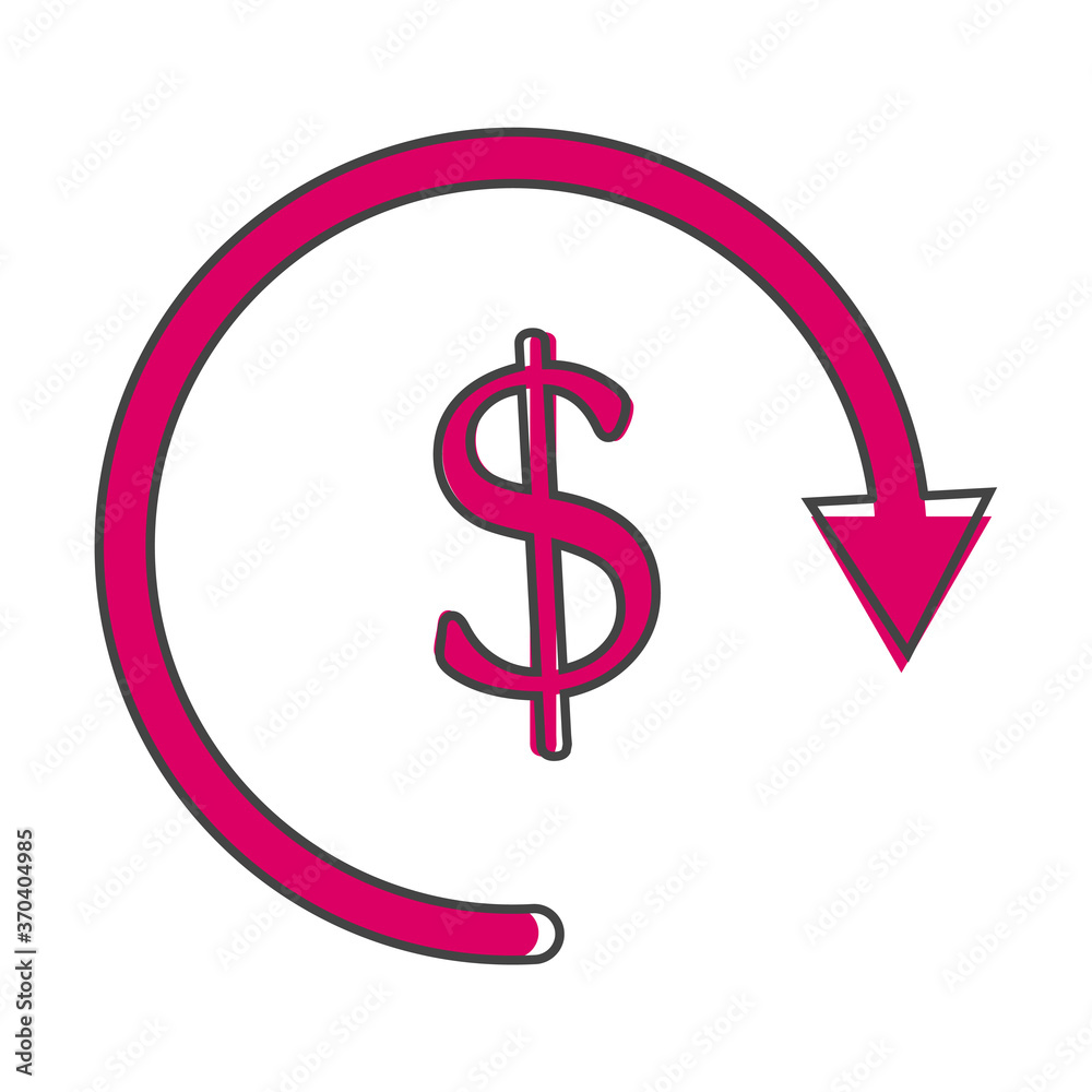 Vector circle icon with arrow and dollar sign. Currency exchange symbol cartoon style on white isolated background. Vector circle icon with arrow and dollar sign. Currency exchange symbol cartoon style on white isolated background.