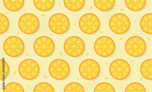 Seamless pattern of slices of fresh orange on light background with small decor. Vector illustration for textile packaging.