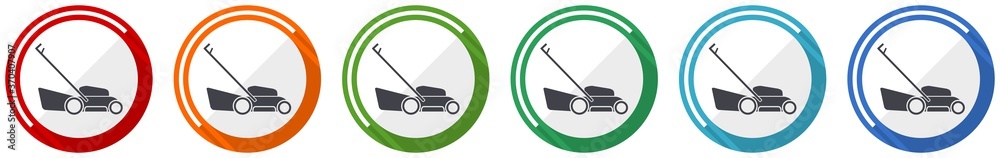 Lawn mower icon set, flat design vector illustration in 6 colors ...