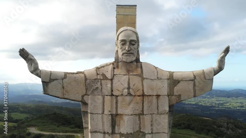Statue of Christ on Monte Naranco in Oviedo, Asturias.Spain. Aerial Drone Footage