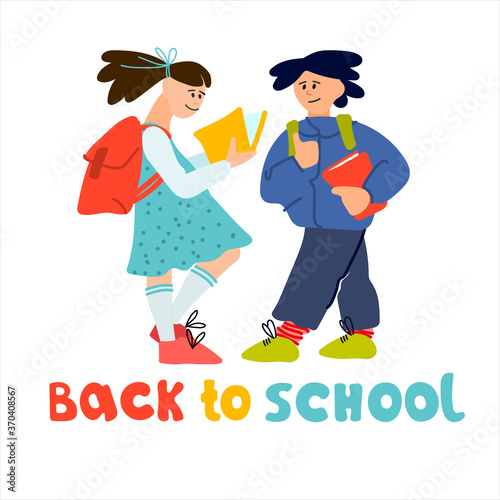 Welcome Back to School banner. Schoolchildren vector illustration in flat style design and hand lettering
