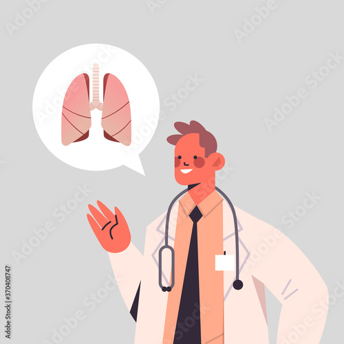 male doctor pulmonologist and chat bubble with human lungs healthcare medicine concept portrait vector illustration