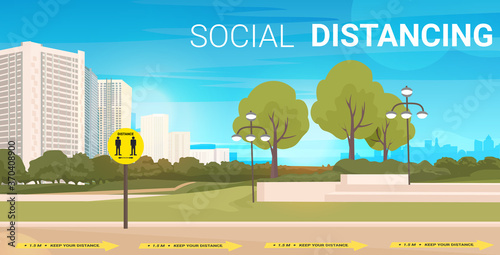 city street with signs for social distancing yellow stickers coronavirus epidemic protection measures modern cityscape horizontal vector illustration