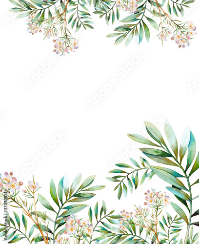 Watercolor card with various green plants and waxlowers. Hand drawn natural invitation with branches  leaves isolated on white background. Wedding or greeting design in rustic style