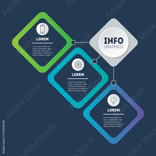 Business presentation concept with 3 options. Template of diagram. Brochure. Sector infographics of technology or education process with three steps. Summary report.