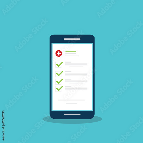 Medical prescription online or digital medicine test results with approved check mark form on mobile phone, cellphone with clinic checklist, flat cartoon modern illustration.