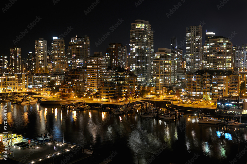 False Creek Yacht Club and West End Vancouver Condominiums at night