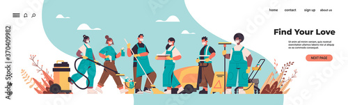 mix race cleaners in masks disinfecting coronavirus cells to prevent covid-19 pandemic cleaning service disinfection control of epidemic concept horizontal full length copy space vector illustration