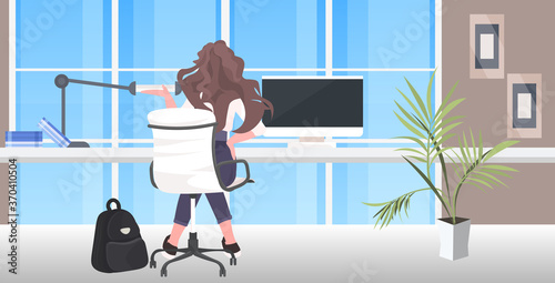 businesswoman sitting at workplace desk social distancing coronavirus epidemic protection self isolation remote work concept office interior horizontal full length vector illustration