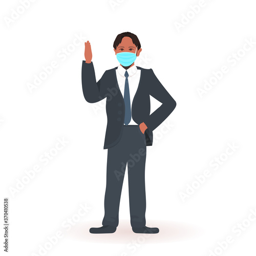 african american schoolboy wearing face mask to prevent coronavirus pandemic social distancing covid-19 quarantine concept full length isolated vector illustration