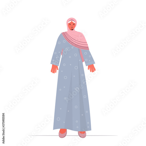 old arab woman in traditional clothes senior female cartoon character standing pose gray haired arabic grandmother full length vector illustration