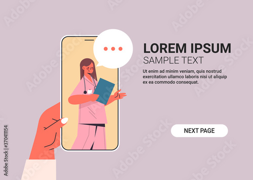 patient discussing with female doctor in smartphone screen chat bubble communication online consultation healthcare medicine medical advice concept horizontal copy space vector illustration