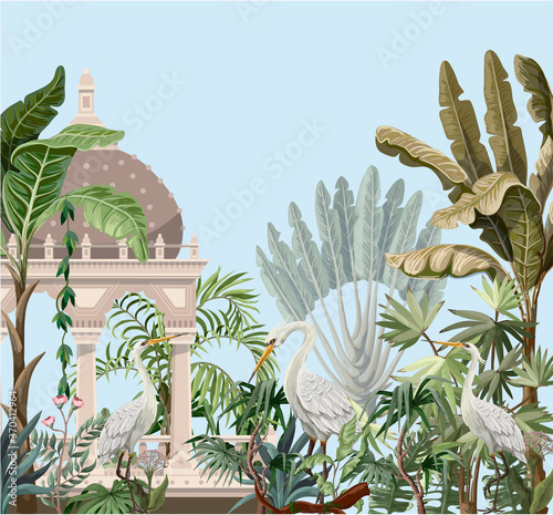 Canvastavla Border with ancient arbor and herons in the jungle. Vector.