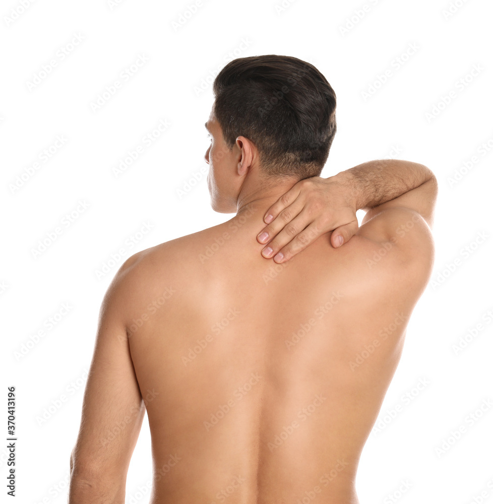 Man suffering from pain in neck on white background. Visiting orthopedist Man suffering from pain in neck on white background. Visiting orthopedist