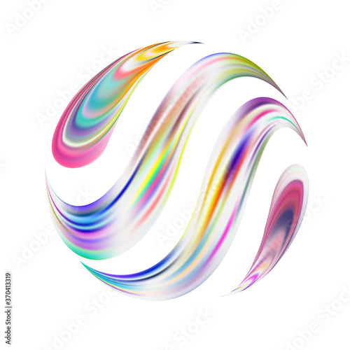 Iridescent streaks enveloped the sphere. Volumetric enveloping with a ribbon around the ball. Fluorescent planet. logo.