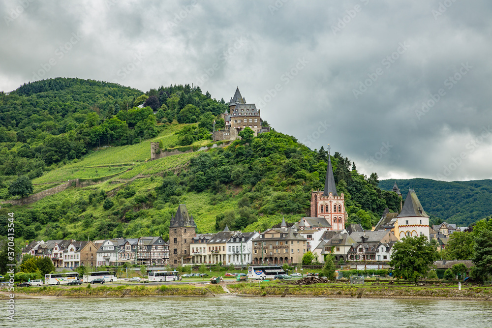 Stahleck Castle in wine country on the hill above the Rhine river and the village of Bacharach, Germany Stahleck Castle in wine country on the hill above the Rhine river and the village of Bacharach, Germany