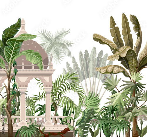 Border with jungle trees and ancient castle. Vector.