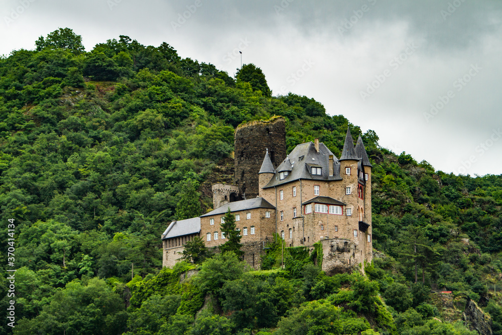 The Katz Castle is located on the hill above the village of Sankt Goar, Germany, on the Rhine River