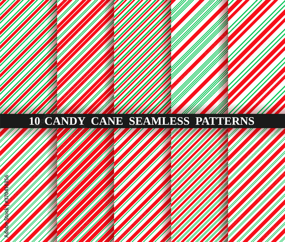 Set of ten christmas seamless pattern. Candy cane stripe texture. Vector. Holiday candycane background. Red green wrapping paper. Peppermint caramel diagonal print. Classic winter illustration. Set of ten christmas seamless pattern. Candy cane stripe texture. Vector. Holiday candycane background. Red green wrapping paper. Peppermint caramel diagonal print. Classic winter illustration.