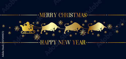 Golden silhouette of Santa Claus in a sleigh and harnessed by bulls on a blue background. Concept for Christmas card or invitation. Vector, illustration