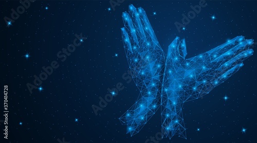 Two human hands on the background of the starry sky form a bird, a dove symbol of peace. Polygonal construction. Blue background.