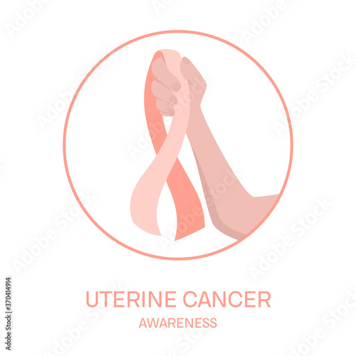 Uterine cancer awareness poster. Peach colour ribbon in a hand on white background. Endometrial cancer prevention. Female reproductive system disease. Medical concept. Vector illustration.