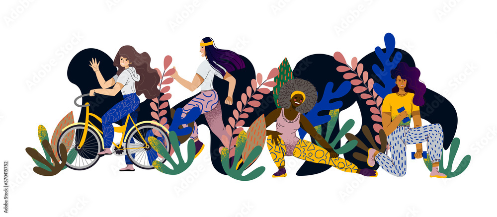 Girls are engaged in fitness. Gymnastic exercises with dumbbells, cycling, exercises with the weight of one's own body. Jogging outdoors. Girls are engaged in fitness. Gymnastic exercises with dumbbells, cycling, exercises with the weight of one's own body. Jogging outdoors.