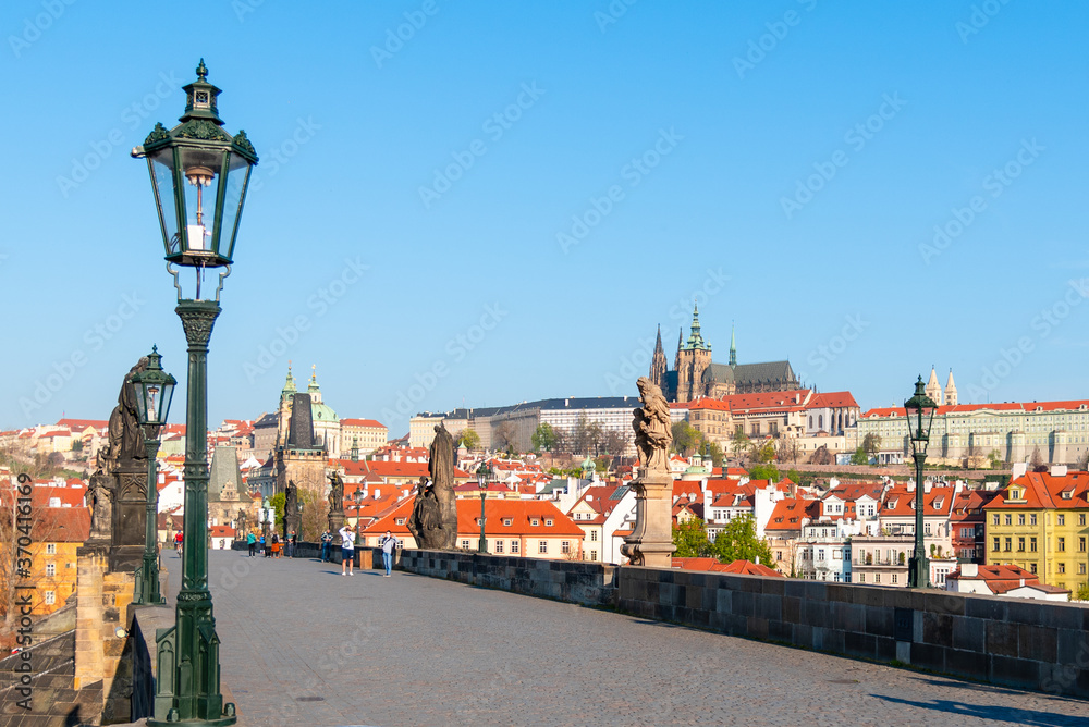 Obraz premium Prague Castle view from Charles Bridge on sunny spring morning, Praha, Czech Republic