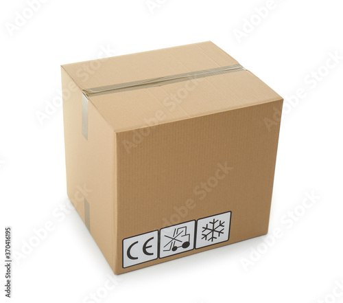 Cardboard box with different packaging symbols isolated on white. Parcel delivery