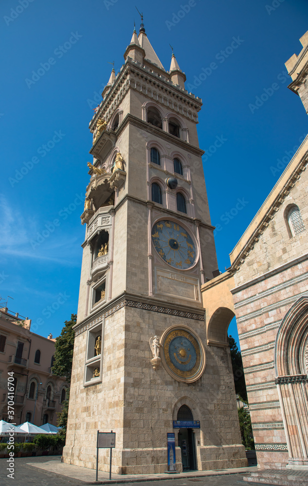 The tower of the Basilica Cattedrale metropolitana di Santa Maria Assunta (translates as Messina Cathedral), Piazza Duomo, Messina, Sicily, Italy