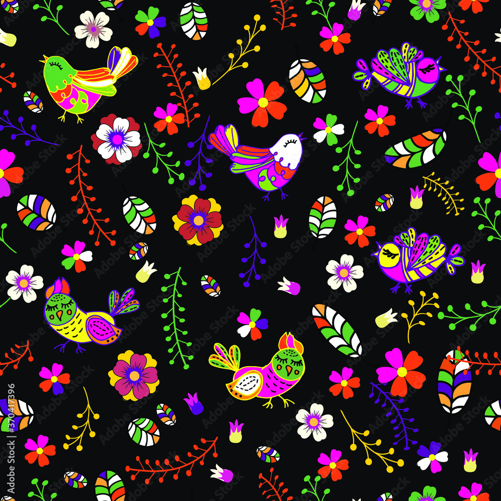 Fototapeta premium Cartoon cute doodles seamless texture. Endless vector illustration. Multicolor pattern of Birds, flowers and leaves. can be used for fabric and wallpaper.