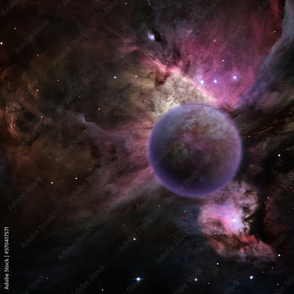 Mysterious planet, purple nebula. 3D rendering