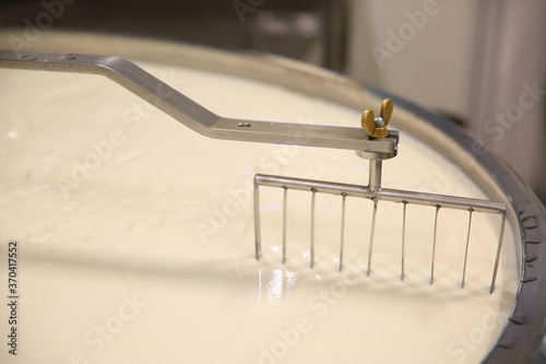 Curd and whey in tank at cheese factory, closeup photo